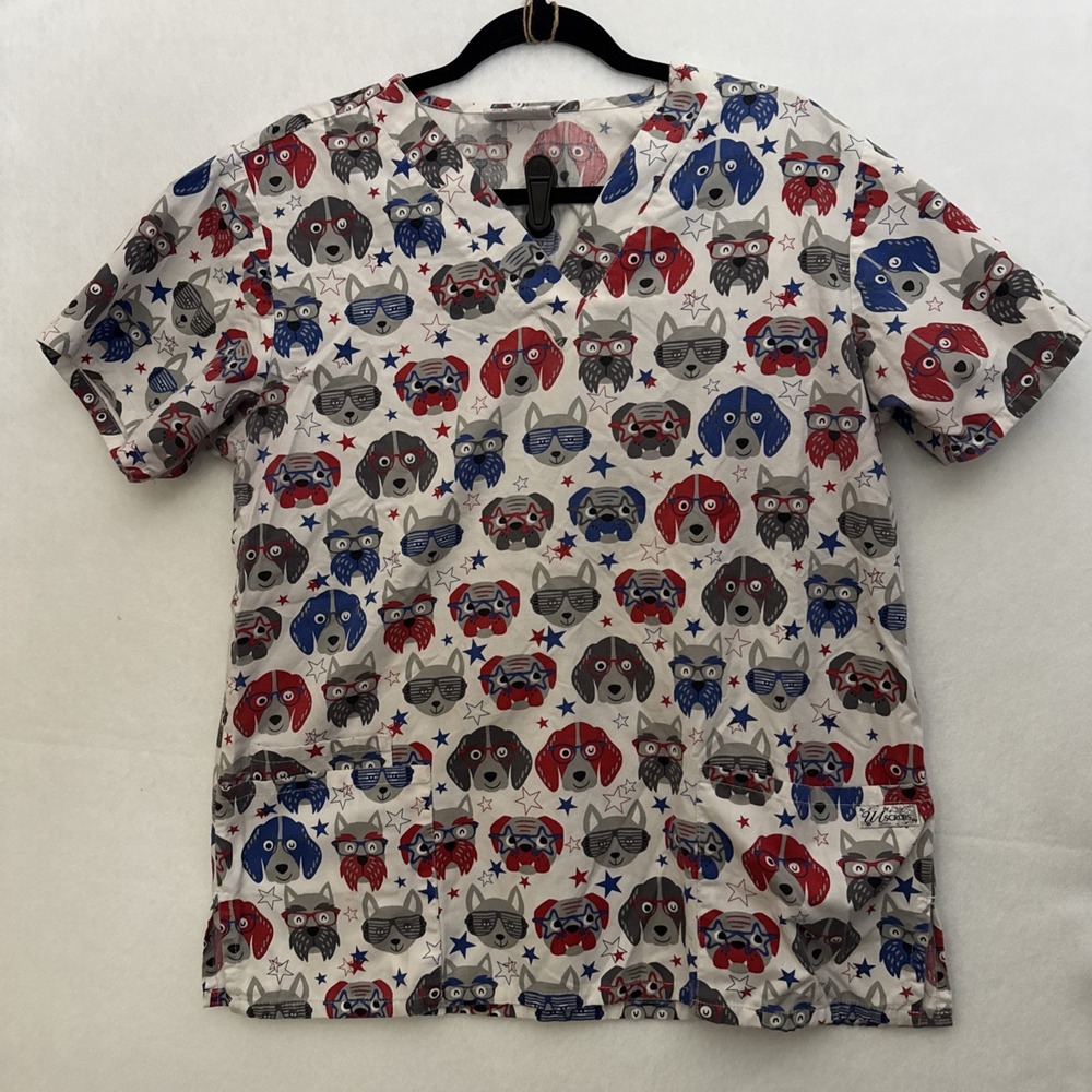 UA Scrubs Women Small Patriotic Dog Print V Neck Scrub Top Red White Blue Pocket